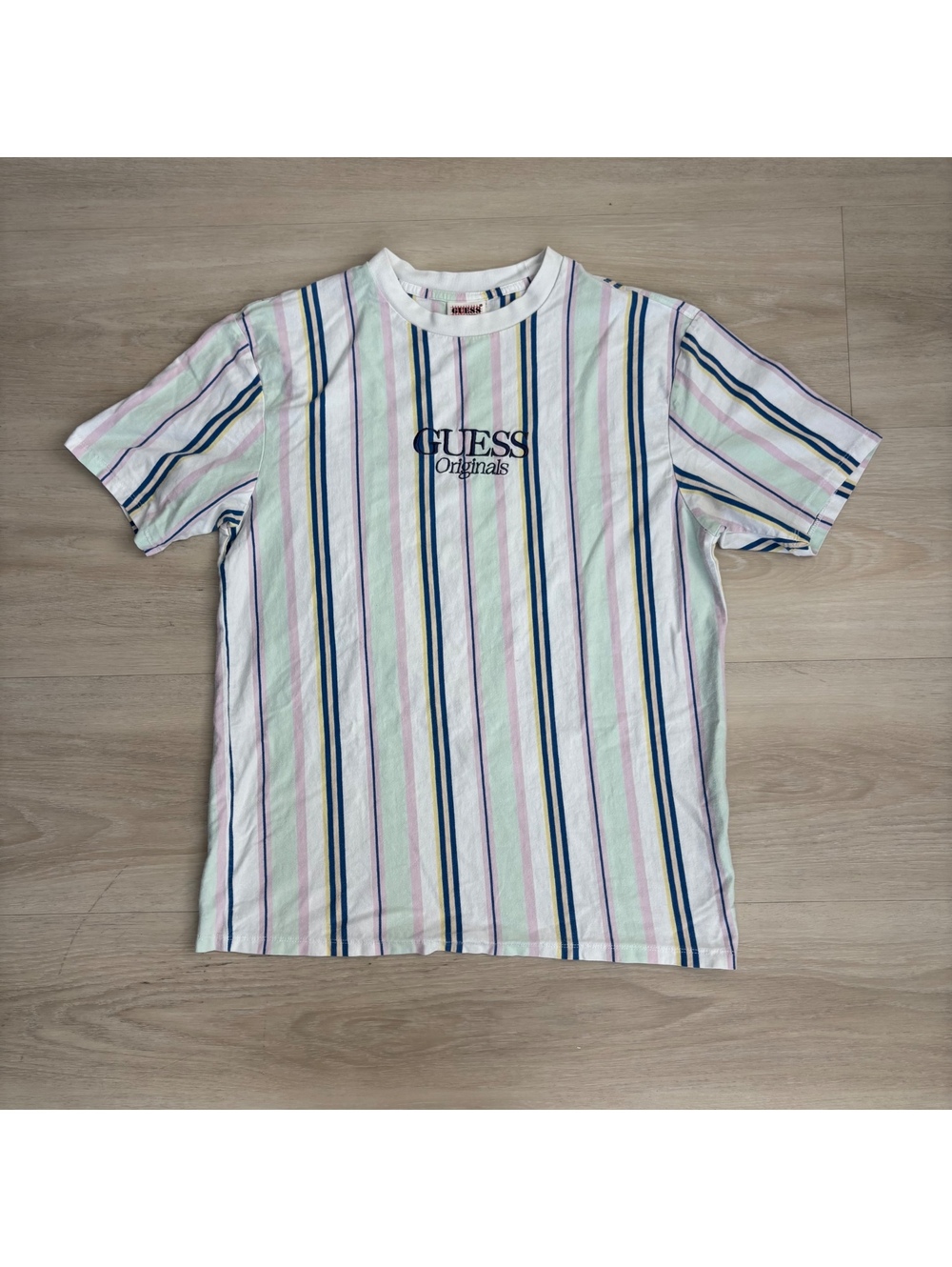 GUESS Originals Pastel Vertical Stripe Embroidered Logo T Shirt Men S